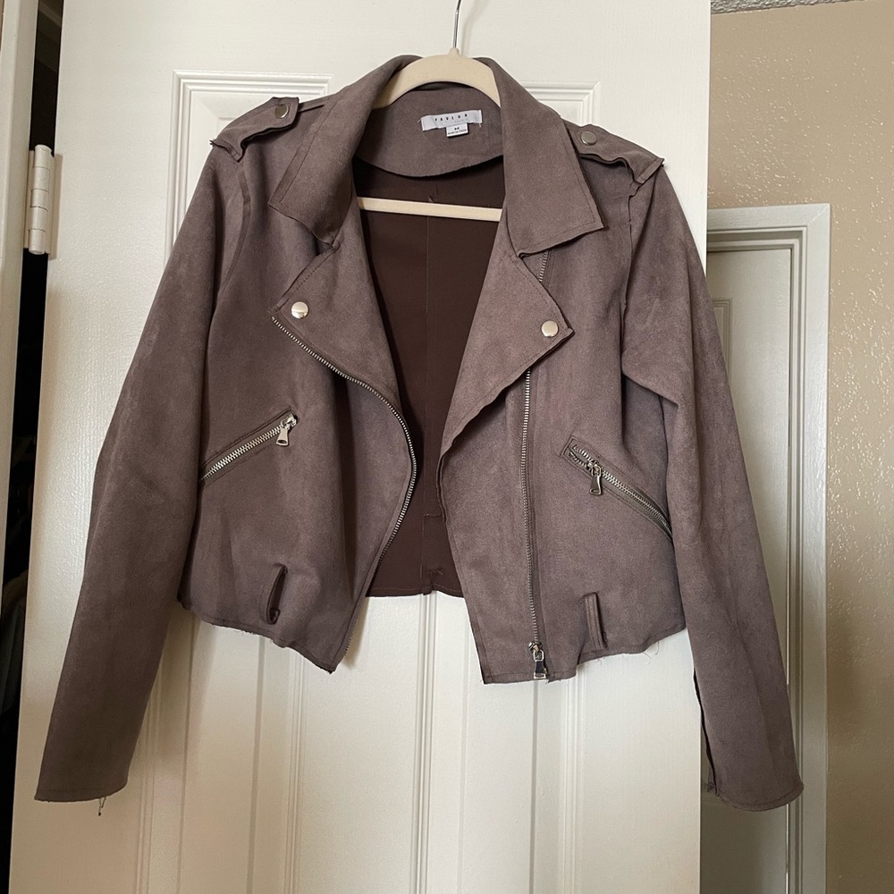 FAVLUX Brown Faux Suede Moto Jacket Asymmetrical Zipper Notched Lapel